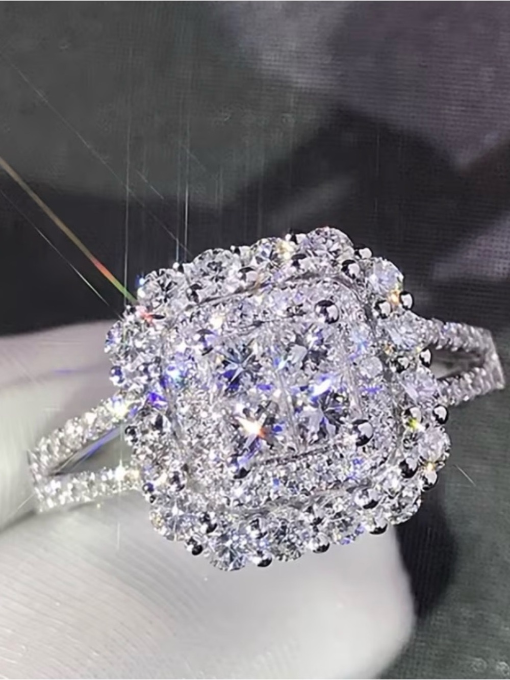 Diamond Halo Square Cluster Ring - White